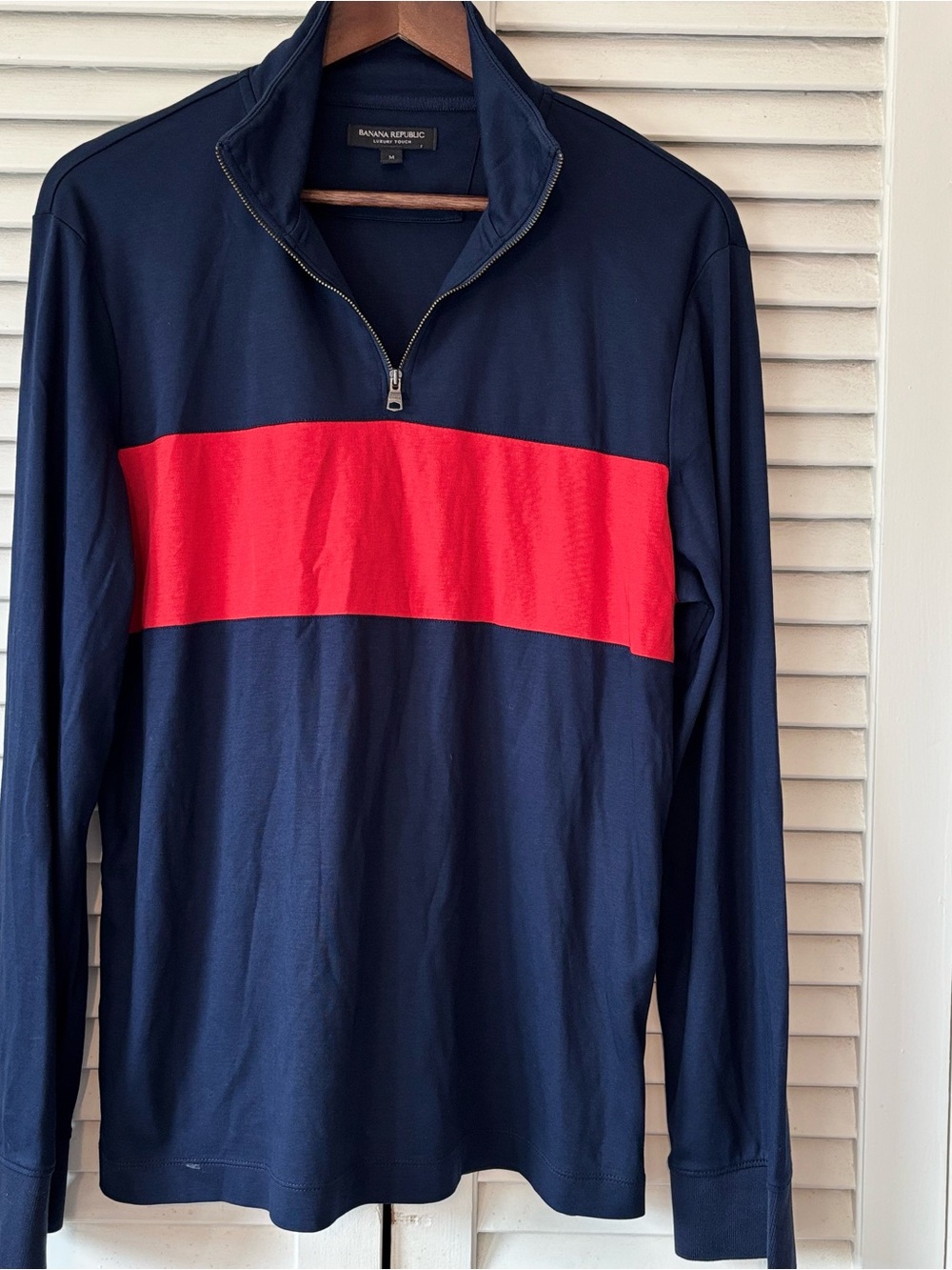 Banana Republic Men’s Navy Zip-Up Sweater with Red Chest Stripe